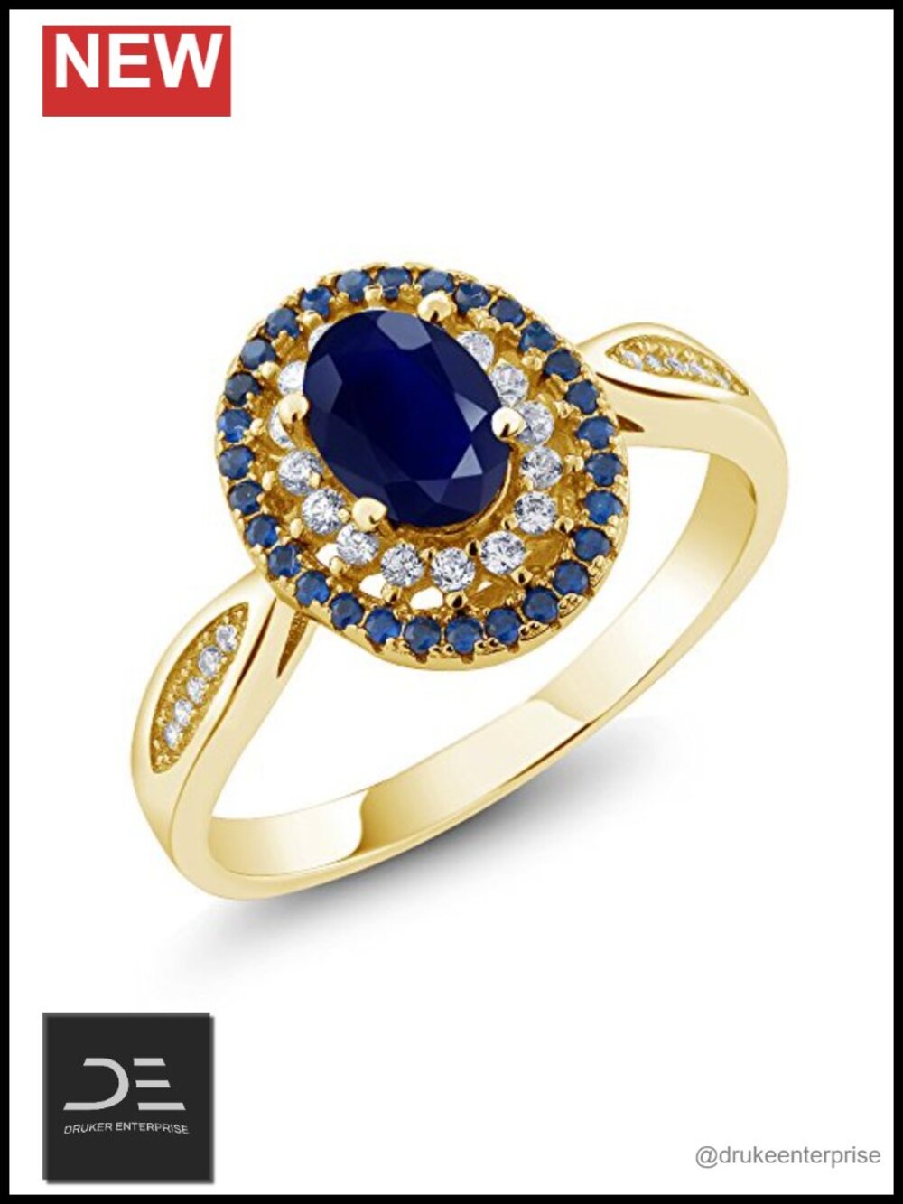 18K Yellow Gold Plated Silver Oval Birthstone Double Halo Ring